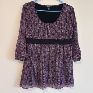 Ditsy Floral Babydoll Blouse Sz M Purple Black Dark Romantic Lace Style & Co